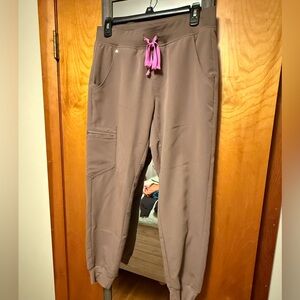 Figs Smoky Taupe Zamora Jogger scrubs with Pink Accents